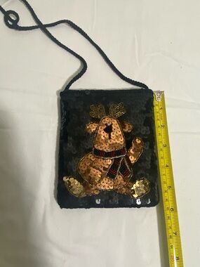Black Sequin Crossbody Bag with Gold Sequin Reindeer